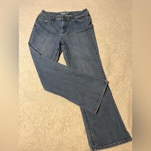 Chico's Platinum Boot Cut Blue Jeans with Floral Embroidery. Medium short
